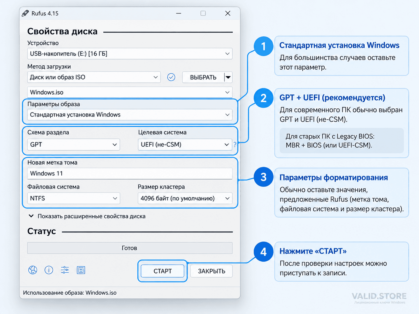 Как создать загрузочную флешку Windows через Rufus: Windows 11 и 10 2 Настройки загрузочной флешки Windows в Rufus: GPT, UEFI и файловая система