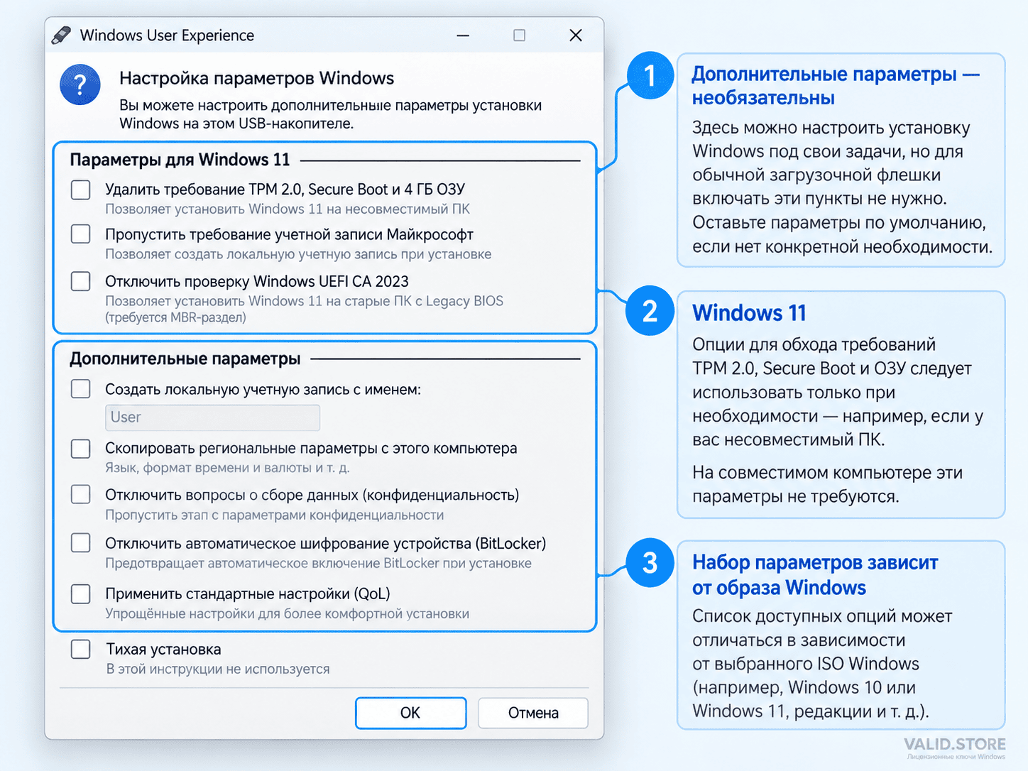 Как создать загрузочную флешку Windows через Rufus: Windows 11 и 10 4 Дополнительные параметры Windows User Experience в Rufus